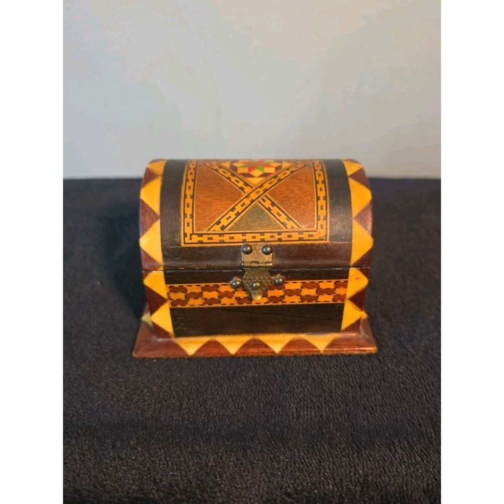 Vintage Wooden Inlay Design Jewelry Trinket Box Spain Granada 4”